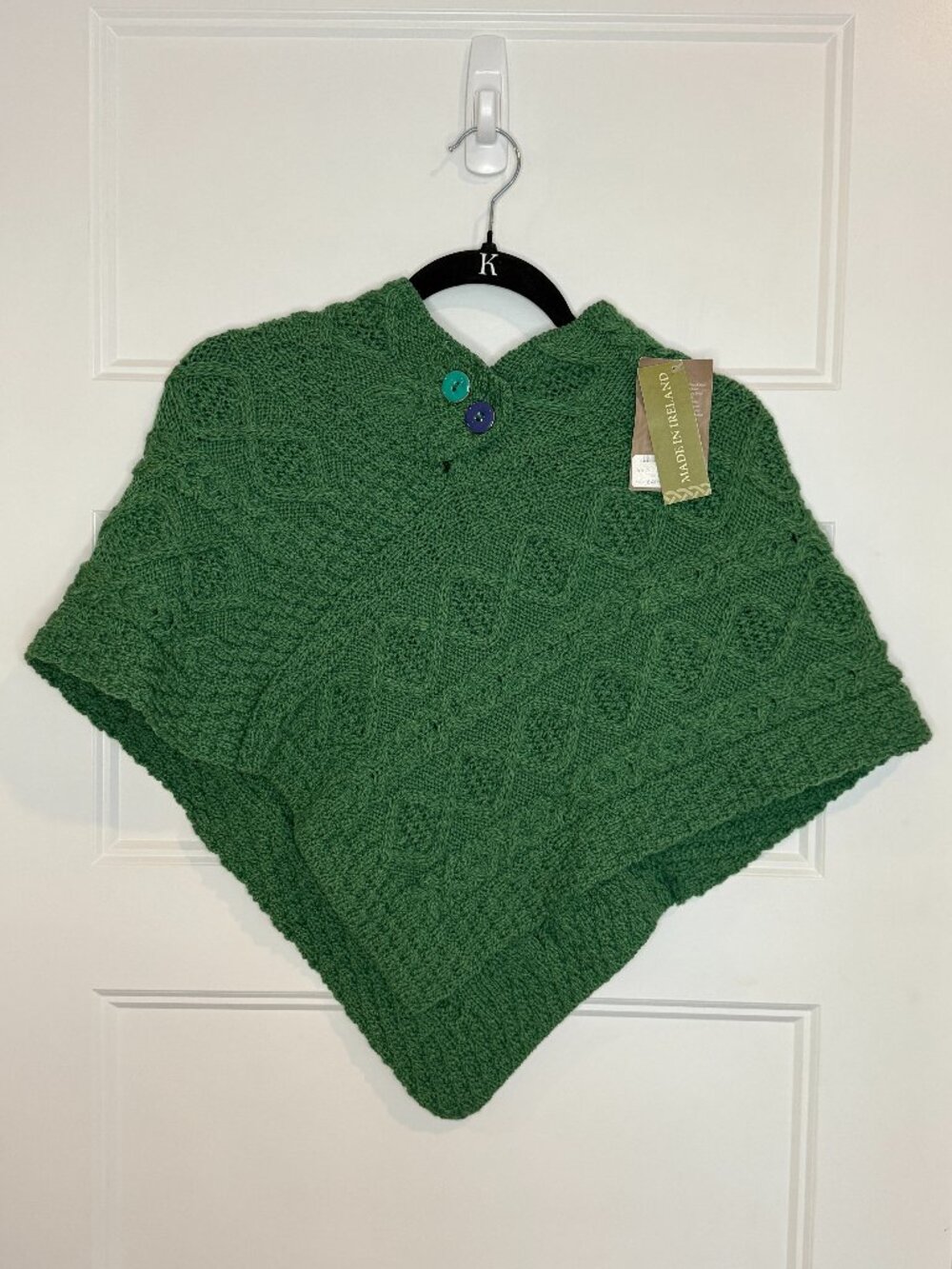 Green Irish Aran Merino Wool Cable Knit Poncho for Girls - Bought in Ireland